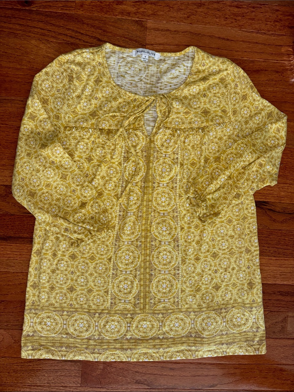 Rose & Olive Yellow & Brown Quarter Sleeve Blouse Women’s Size Small - Picture 1 of 7